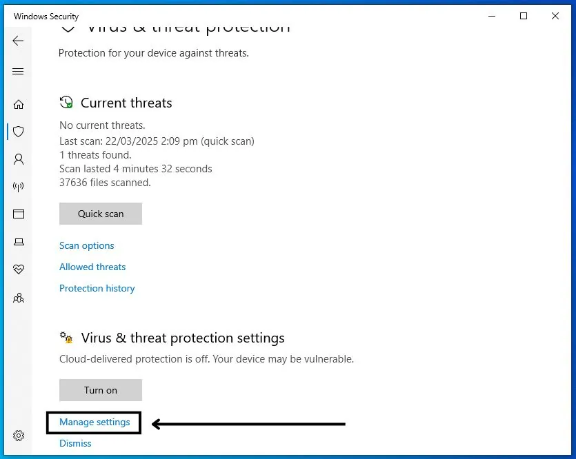 windows security Virus & Threat Protection Settings